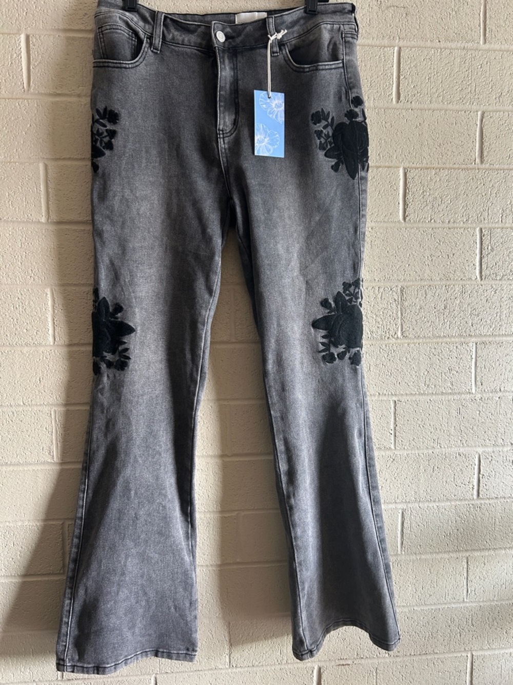 Gray Boot Cut Soft Goth Acid Wash Jeans with Black Floral Embroidery - Picture 7 of 8